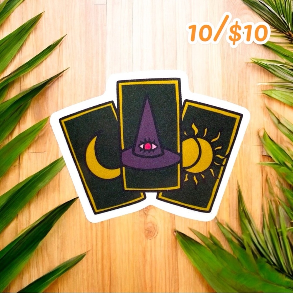 Mystic Tarot Cards Sticker – Witch Hat, Moon & Sun (Approx. 2”)
